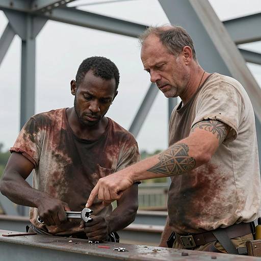 Two Rugged Workers on a Steel Bridge