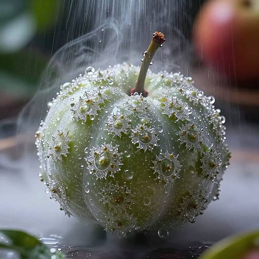 Photograph of a green apple covered in sparkling water droplets, suspended in a rain shower with blurred red and green background.