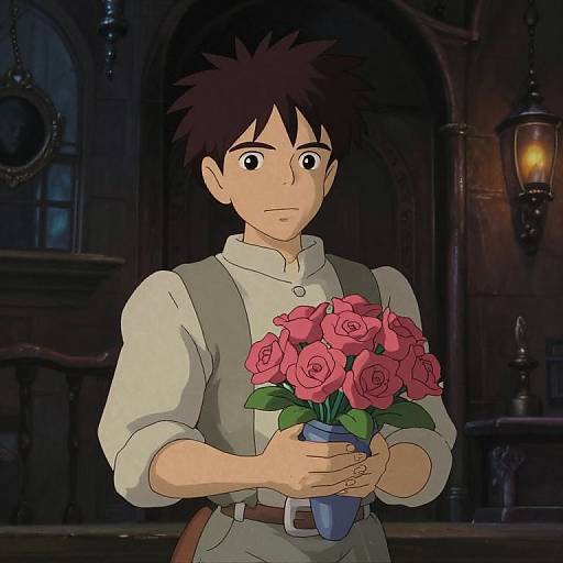 Anime-style drawing of a young man with spiky brown hair, wide eyes, holding a blue vase with pink roses, wearing a white shirt and beige