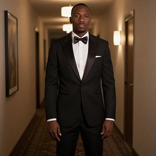 Photograph of a tall, dark-skinned man in a black tuxedo with white shirt and black bow tie, standing in a dimly lit