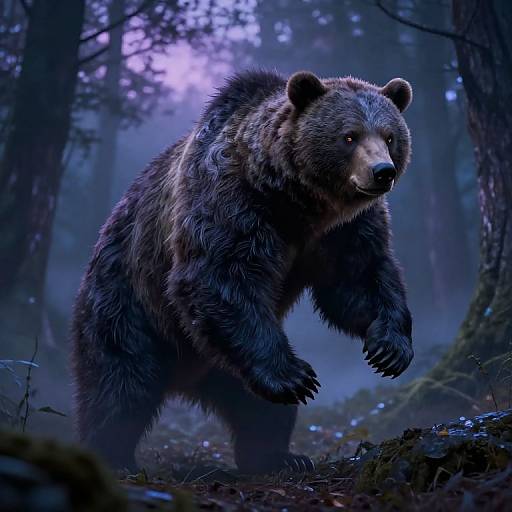 Photorealistic digital art of a muscular brown bear standing in a misty, blue-lit forest, with dense trees and moss-covered ground.