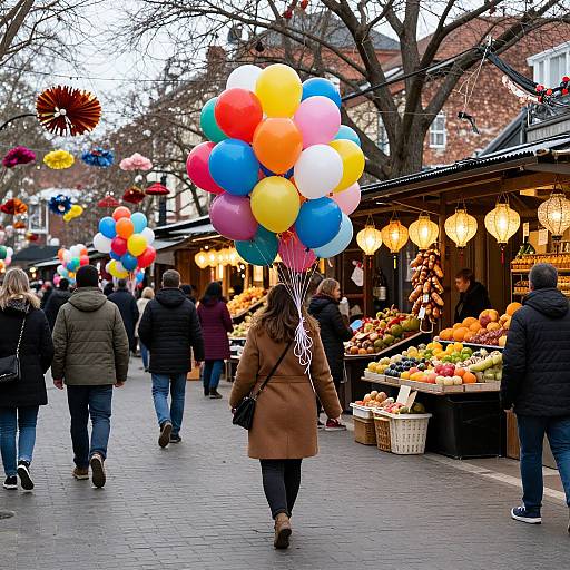Photograph of a bustling outdoor market; woman with brown coat, black pants, and colorful balloon bouquet walks past vibrant fruit stalls, illuminated by hanging lantern