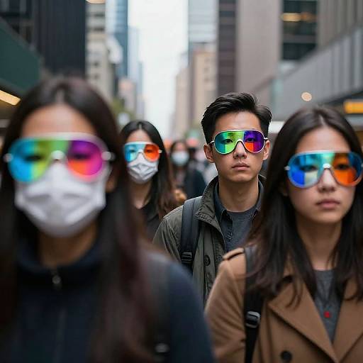 Photograph of three East Asian individuals wearing colorful mirrored sunglasses and white masks, walking in a busy urban street.