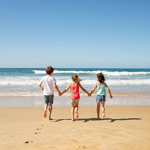 Photograph of three children holding hands, running on a sunny beach with clear blue sky and ocean waves in the background.