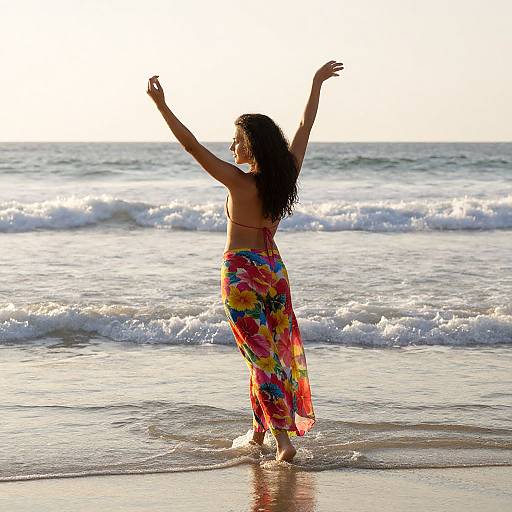 Woman Embracing Tides in Floral Attire