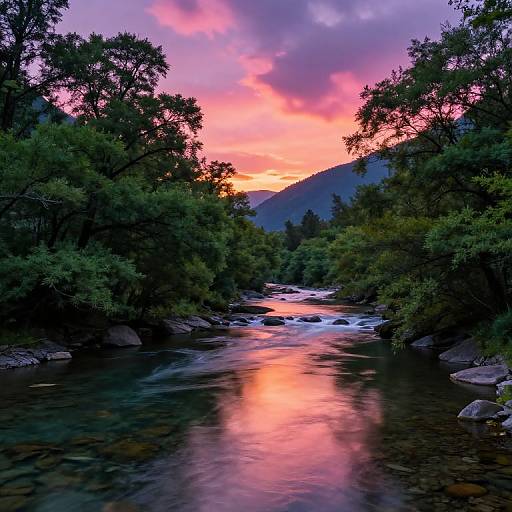 Mountain Riverbank at Dramatic Sunset