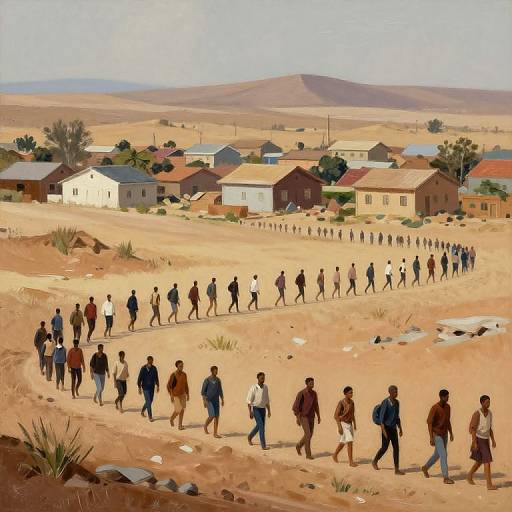 Painted image of a diverse group of people walking in a long line across a sandy desert town with small, colorful houses. Mountains in the background under