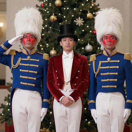 Three Men in Festive Costumes Saluting