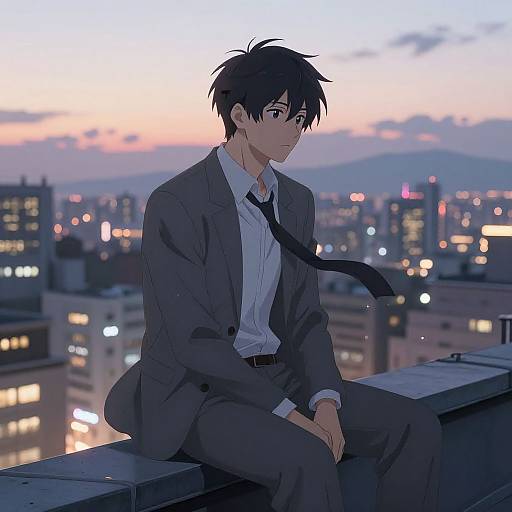 Contemplative Anime Guy on Rooftop