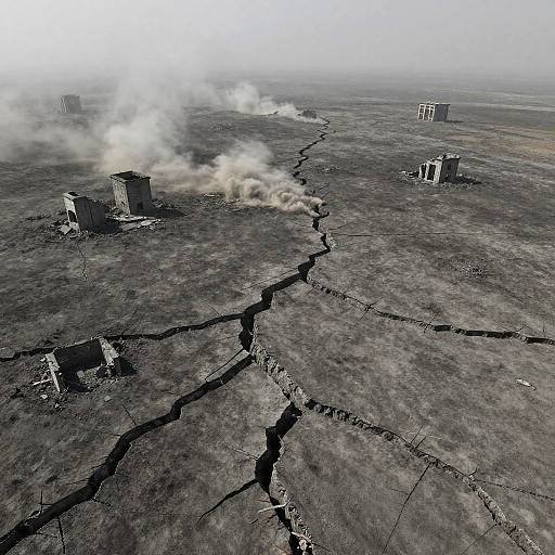 Ashen Wasteland with Cracked Earth and Ruined Structures
