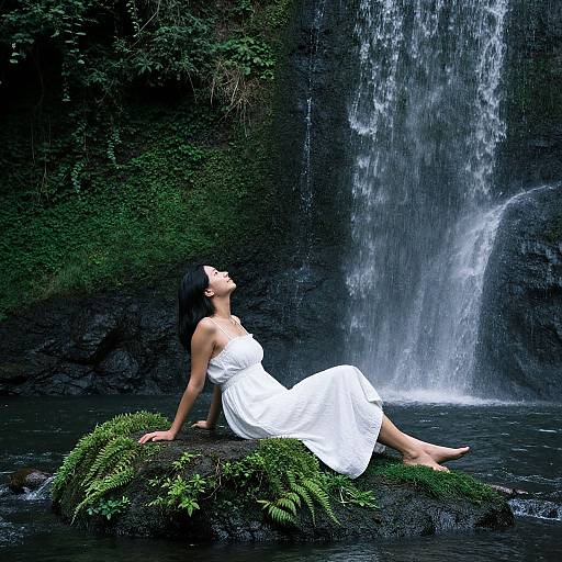 Relaxing Woman Near Lush Waterfall