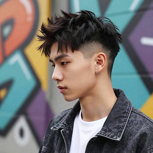 Photograph of an Asian teenage boy with spiky black hair, side undercut, wearing a denim jacket and white shirt, against a colorful graffiti wall.