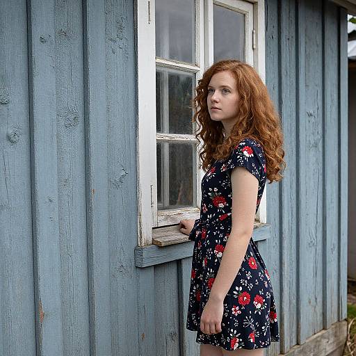 Photograph of a young white woman with long curly red hair, wearing a black floral dress, standing beside a weathered blue wooden house window.