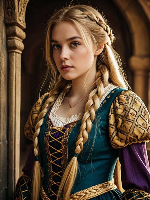 Woman in Detailed Medieval Rapunzel Costume