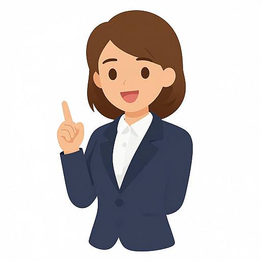Digital drawing of a smiling Asian woman with short brown hair, wearing a navy blue blazer and white shirt, pointing upwards with her right index finger.