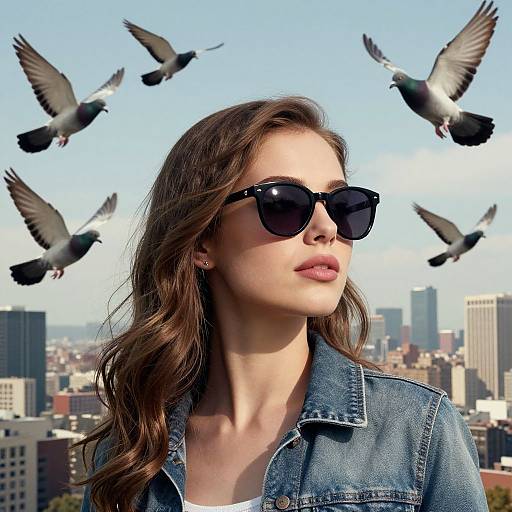 Photograph of a young woman with long brown hair, wearing black sunglasses and a denim jacket, surrounded by flying pigeons against a cityscape backdrop.