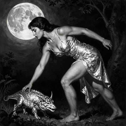Black-and-white digital artwork of a muscular woman in a shiny, metallic dress, crouching beside a glowing, fierce creature under a full moon.