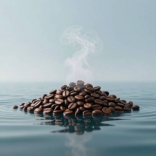 Photograph of a pile of dark brown coffee beans with steam rising, floating on calm, reflective blue water.