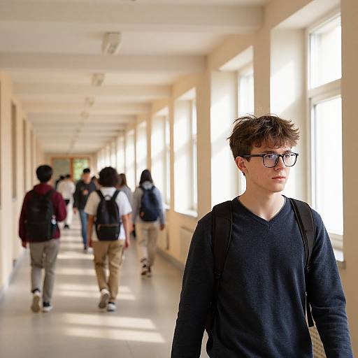 University Corridor with Focused Student