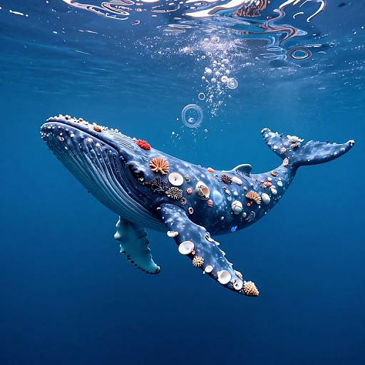 Photograph of a vibrant blue whale adorned with colorful sea anemones and sponges, swimming gracefully underwater against a clear blue ocean background.