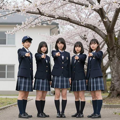 Japanese High School Students Under Cherry Blossoms
