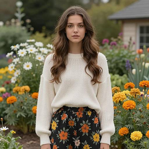 Photograph of a young woman with long brown hair, wearing a white knit sweater and black floral skirt, standing in a vibrant garden filled with marig