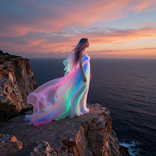 Photograph of a woman with long, flowing, iridescent hair in a glowing, pastel-colored dress standing on a rocky cliff at sunset,