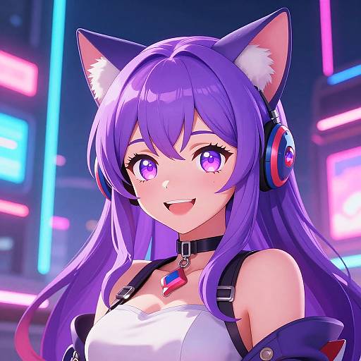 Digital anime-style portrait of a purple-haired girl with cat ears, glowing purple eyes, wearing headphones, a white top, and a black choker,