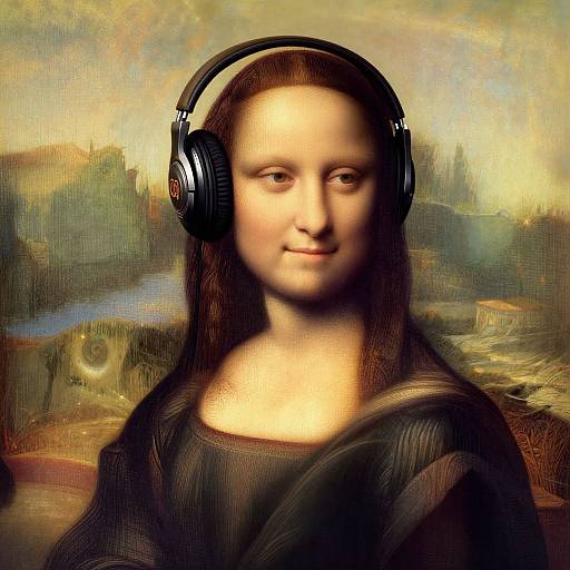 Digital art: Mona Lisa wearing black headphones, smiling softly, with the classic Renaissance-style landscape background blending modern and historical elements.