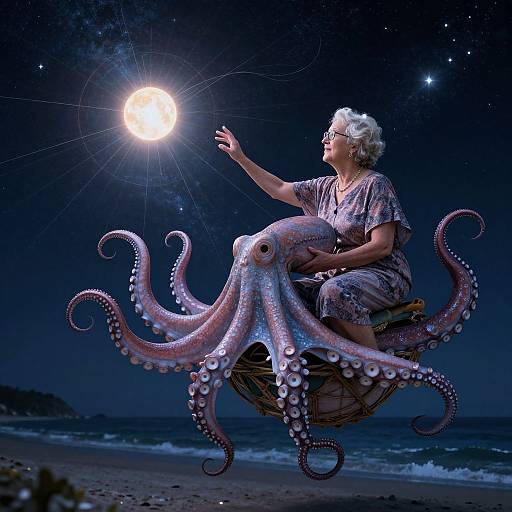 Photograph of an elderly woman with white hair, wearing a patterned dress, sitting on a giant pink octopus under a full moon, over a