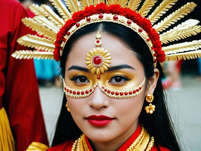 Photograph of an Asian woman with dark hair, red lipstick, gold and red traditional face paint, and ornate headdress with golden feathers and red