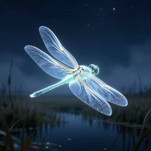 Glowing blue dragonfly with intricate, illuminated wings flying over a dark, starry night sky and calm water, captured in a photograph.