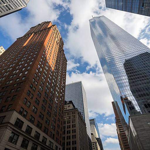 Photograph of towering city skyscrapers with a mix of red brick and blue glass facades, under a bright, partly cloudy sky.