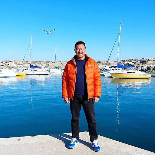 Smiling Man by Vibrant Harbor Dock
