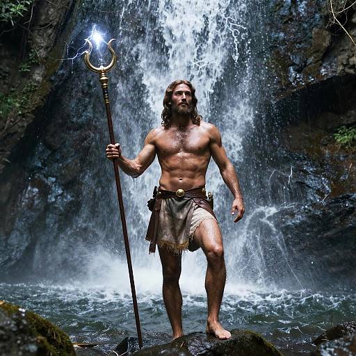 Warrior Figure with Thunderous Waterfall