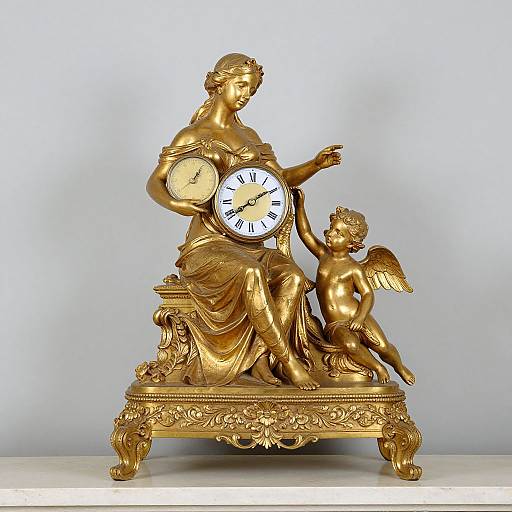 Golden classical clock sculpture featuring an elegant woman and cherub with wings, holding a clock face; ornate base with intricate details. Photographic image.