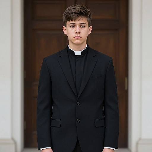 Photograph of a young, fair-skinned boy with short brown hair, wearing a black formal suit, white shirt, and black bow tie, standing
