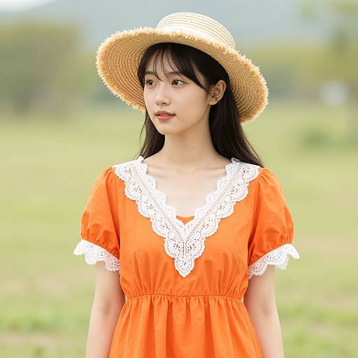 Woman in Orange Dress with Straw Hat