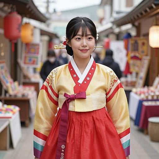 Photograph of a smiling Asian woman in traditional Korean hanbok with yellow and red colors, standing in a bustling market street.