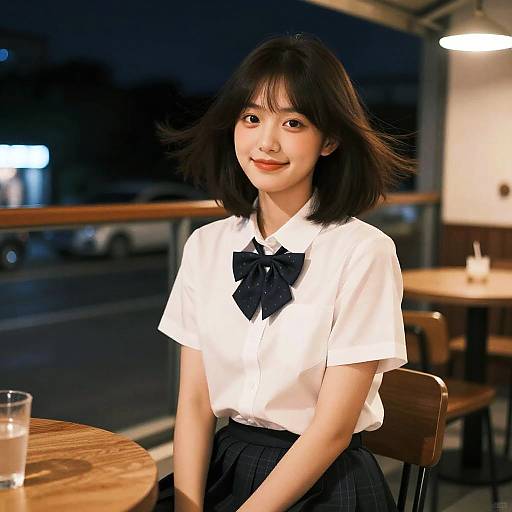 Young Woman in School Uniform at Night Cafe