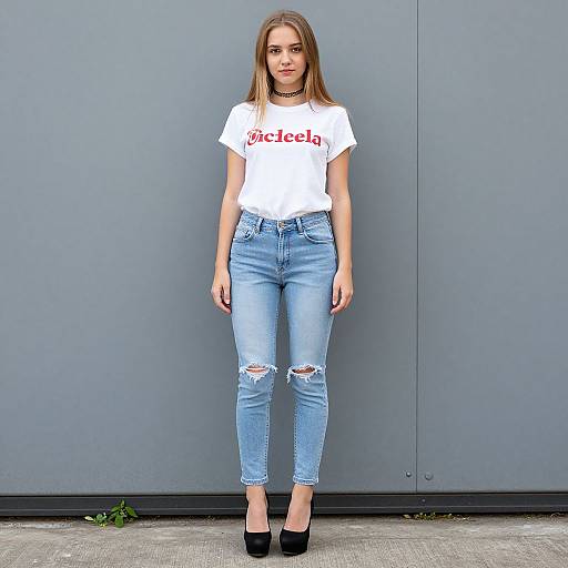 Photograph of a young woman with long brown hair, wearing a white 
