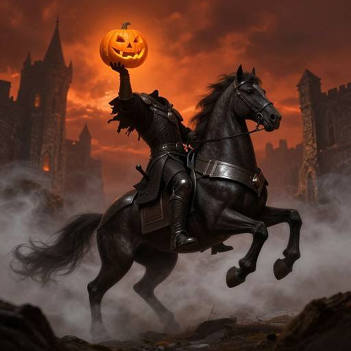 Digital art of a armored knight on a rearing black horse, holding a glowing jack-o'-lantern, in a misty, fiery red sky