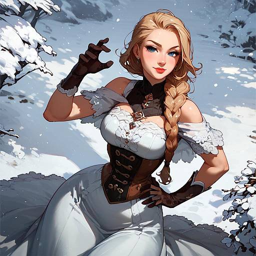 Digital artwork of a blonde woman with blue eyes, large breasts, and braided hair, wearing a black corset, white lace dress, and black