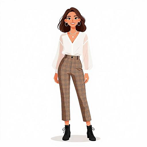Digital illustration of a smiling woman with dark brown hair, wearing a white blouse, high-waisted plaid pants, black ankle boots, and hoop