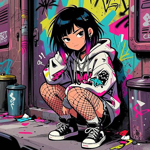 Digital anime-style drawing of a black-haired girl in a white hoodie, fishnet stockings, and black sneakers, squatting in a vibrant, graffiti-covered