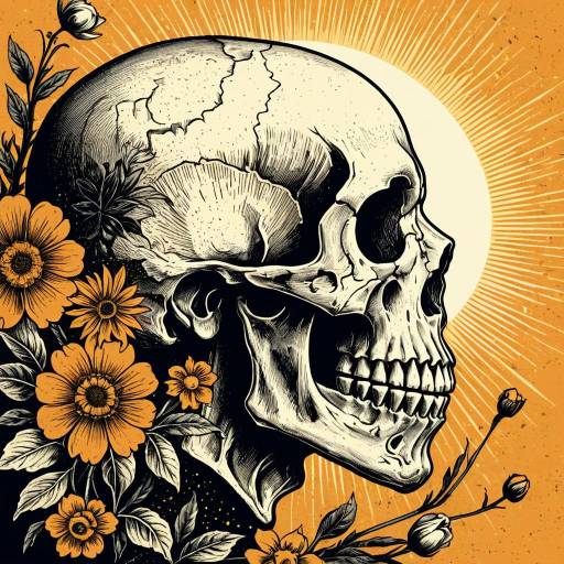 Vintage Skull Illustration with Floral Elements