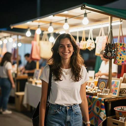 Smiling Woman at Night Market Stall
