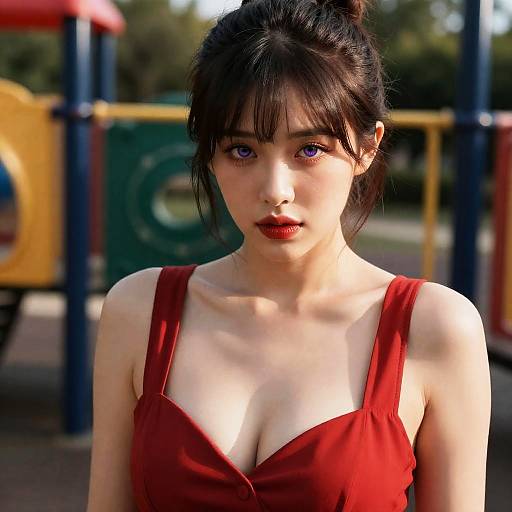 Woman with Purple Eyes in Red Dress