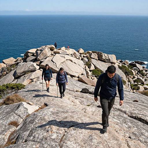 Photograph of four hikers in dark clothing walking on rocky coastal cliffs, with the deep blue ocean and clear sky in the background.