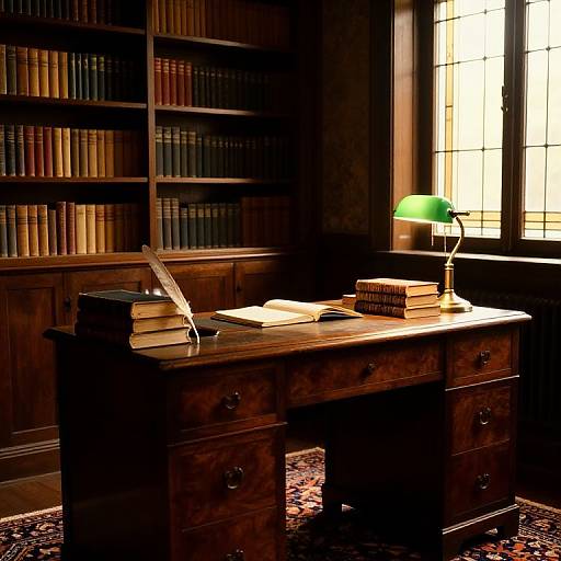 Photograph of a dimly lit, wooden study with a vintage desk, green banker's lamp, stacked books, and a large bookshelf filled with
